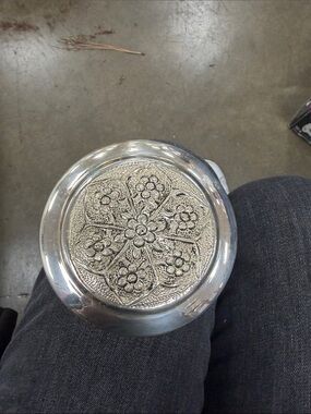Silver Floral Embossed Compact jewelry/storage Box 6 inches round
